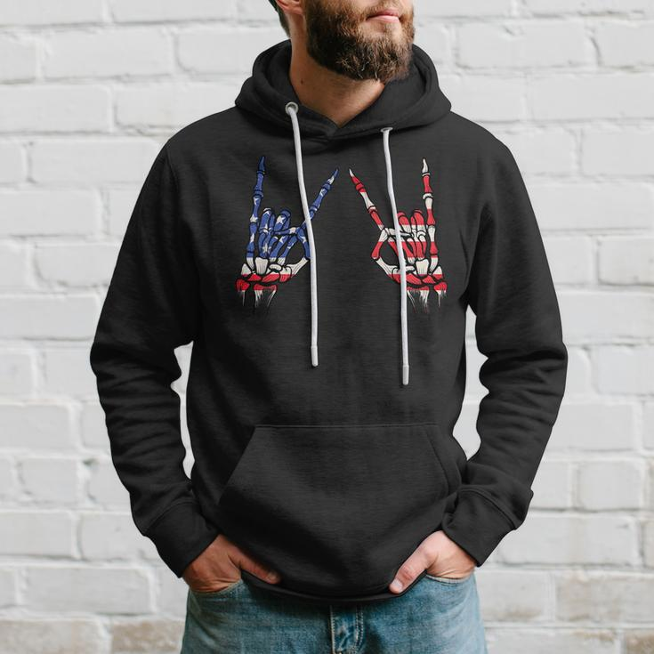 Patriotic Usa Flag Skeleton Rock On Devil Horns 4Th Of July Patriotic Funny Gifts Hoodie Gifts for Him