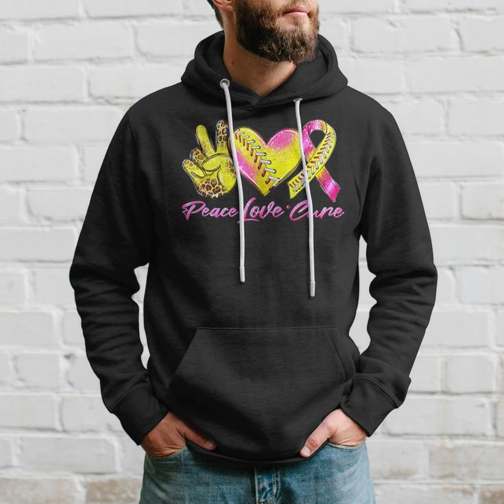 Peace Love Cure Pink Ribbon Softball Breast Cancer Awareness Hoodie Gifts for Him