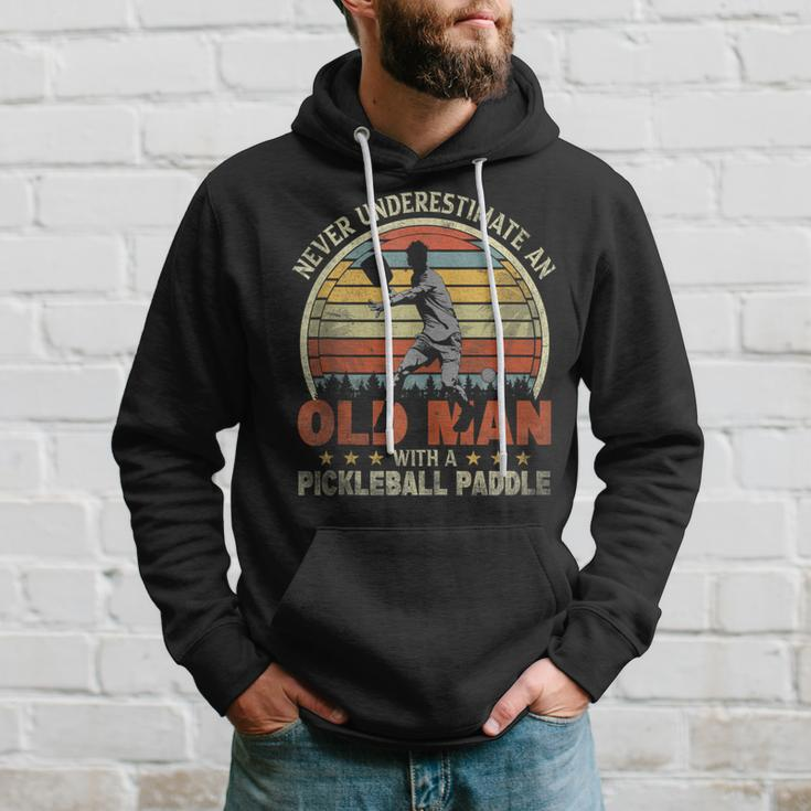 Retro Never Underestimate Old Man With Pickleball Paddle Hoodie Gifts for Him