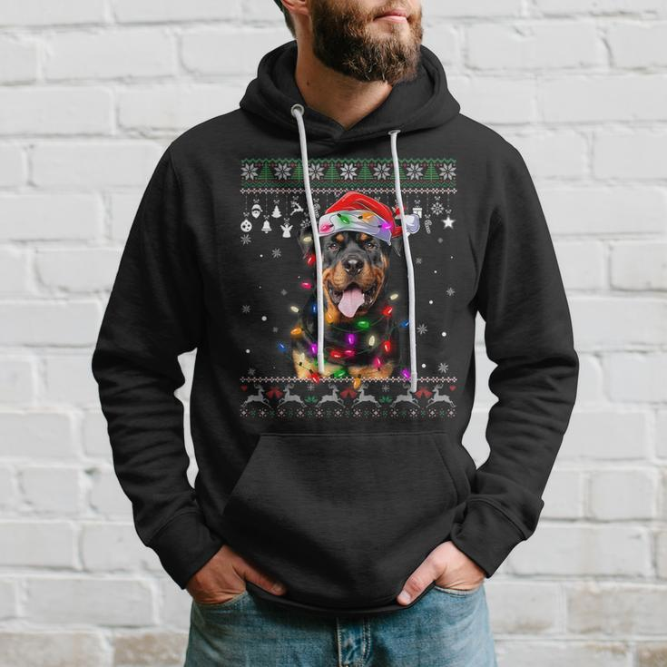 Rottweiler Santa Hat Christmas Tree Lights Xmas Ugly Sweater Hoodie Gifts for Him