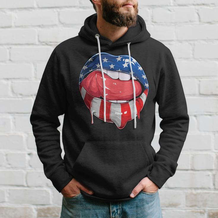 Usa Flag Dripping Lips 4Th Of July Patriotic American Hoodie Gifts for Him
