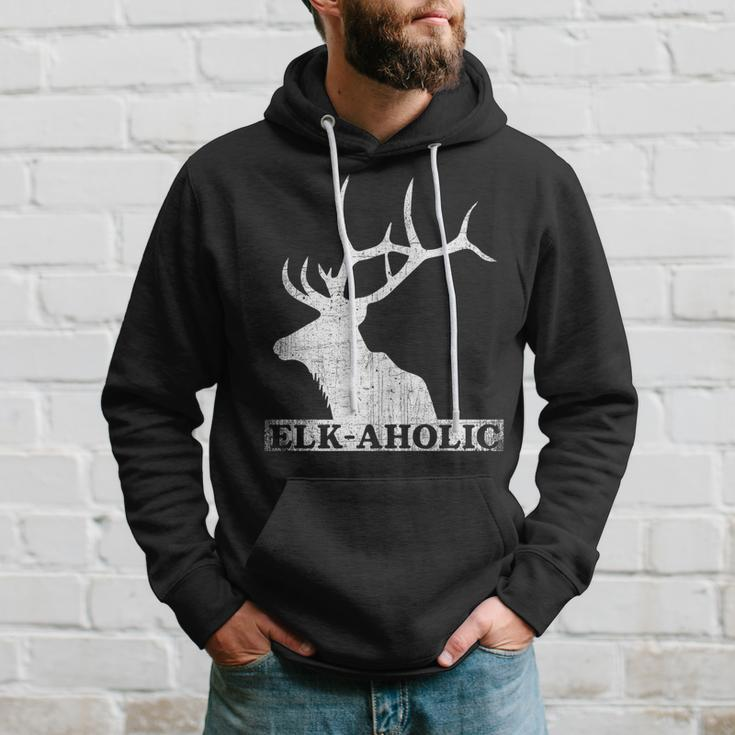 Vintage Elkaholic Funny Elk Hunter Elk-Aholic Distressed Hoodie Gifts for Him