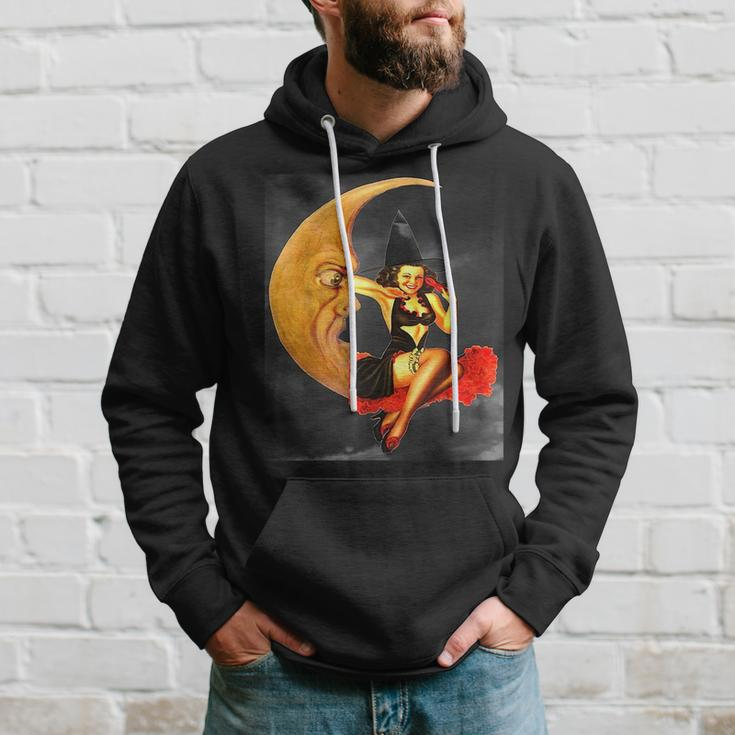 Vintage Pin Up Girl Witch On Moon Halloween Moon Funny Gifts Hoodie Gifts for Him