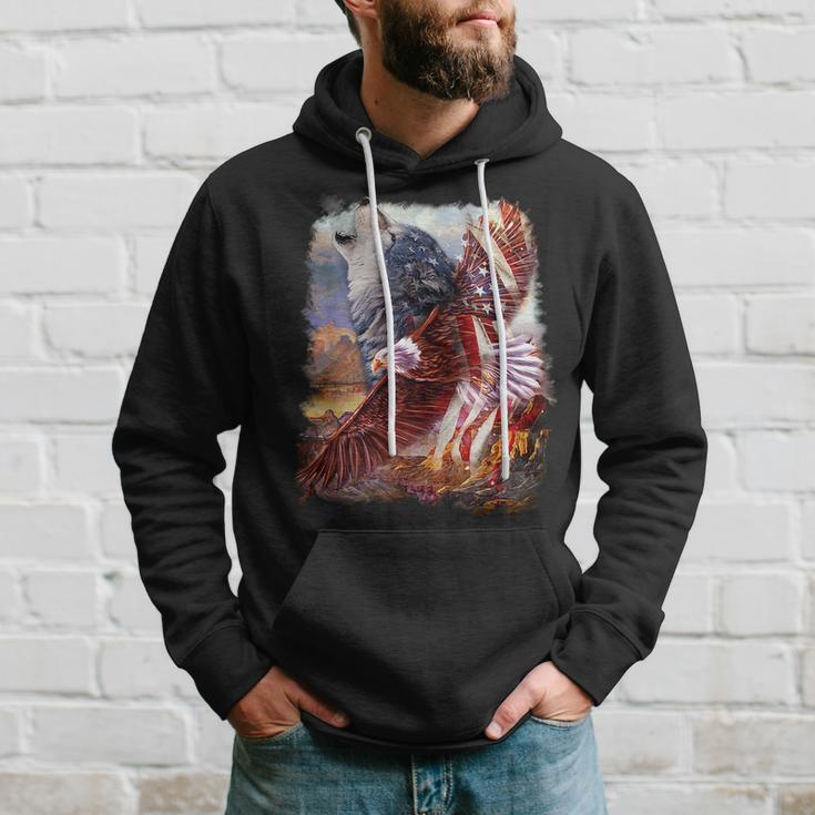 Wolf With Bald Eagle American Flag Hoodie Gifts for Him