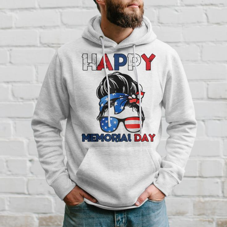Happy Memorial Day 4Th Of July Messy Bun American Flag Hoodie Gifts for Him