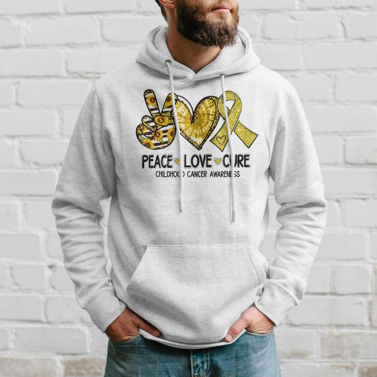 Peace Love Cure Childhood Cancer Awareness Gold Ribbon Hoodie Gifts for Him