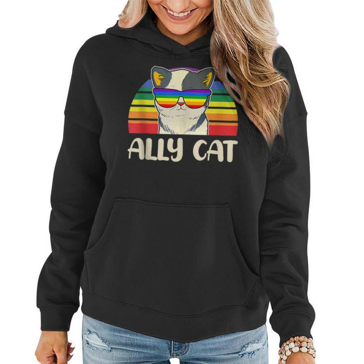 Ally Cat Glasses Sunset Rainbow Lgbt Gay Lesbian Trans Pride  Women Hoodie