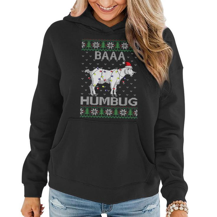 Baaa Humbug Goat Santa Hat Christmas Lights Ugly Sweater Women Hoodie
