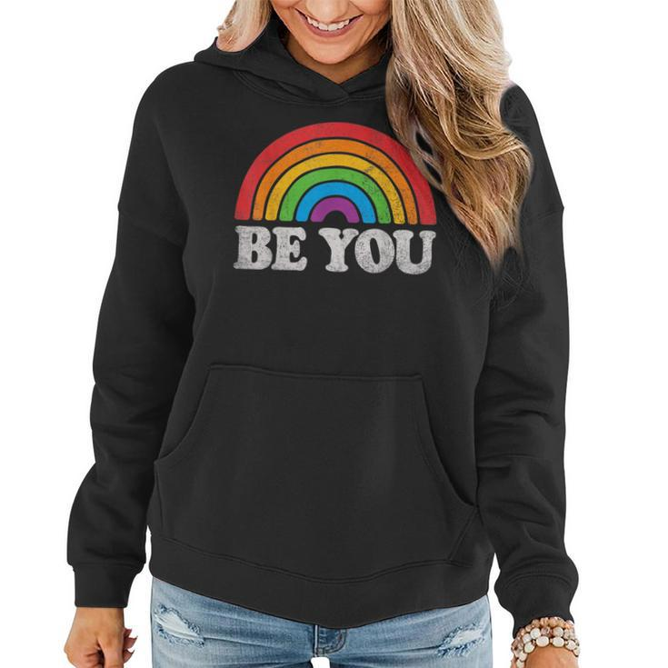 Be You Pride Lgbtq Gay Lgbt Ally Rainbow Flag Retro Galaxy Women Hoodie