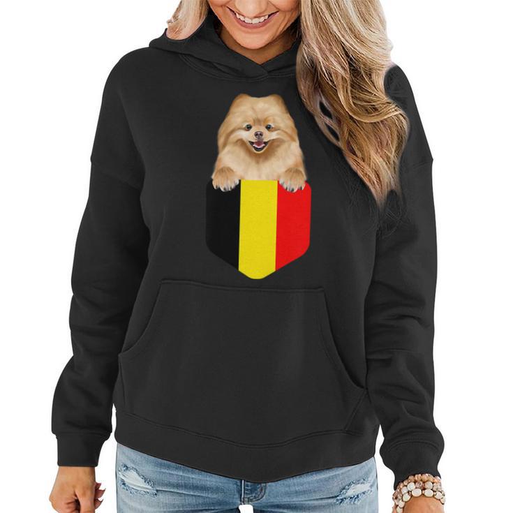 Belgium Flag Pomeranian Dog In Pocket Women Hoodie