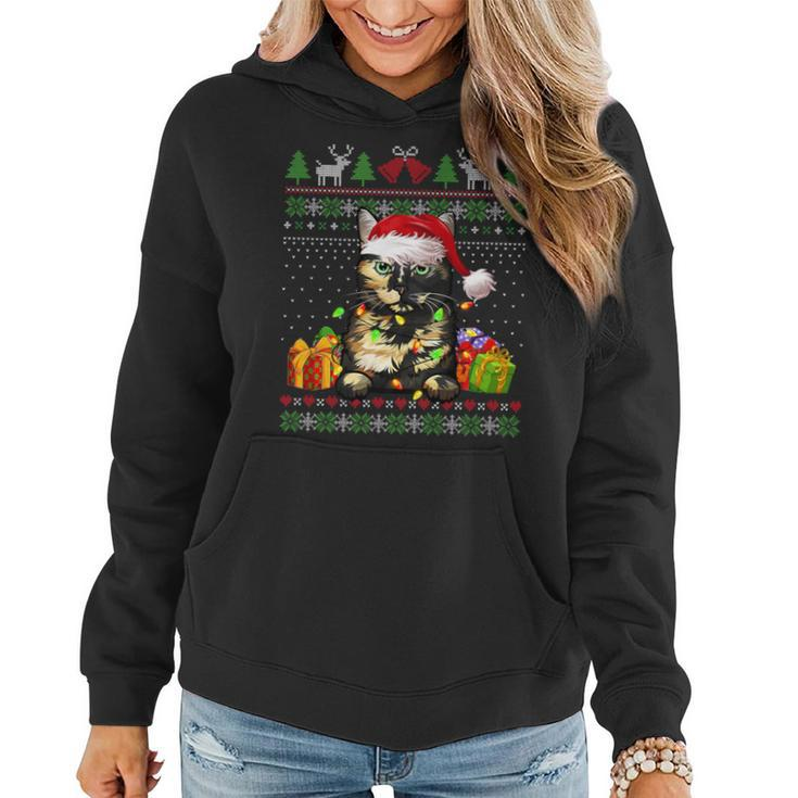 Cat Lover Tortoiseshell Cat Santa Hat Ugly Christmas Sweater Women Hoodie