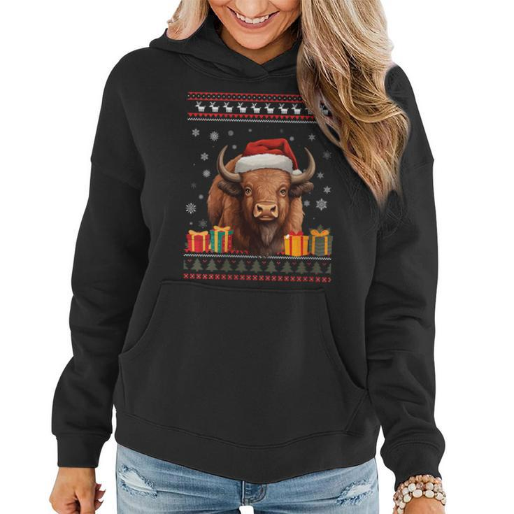 Christmas Bison Santa Hat Ugly Christmas Sweater Women Hoodie