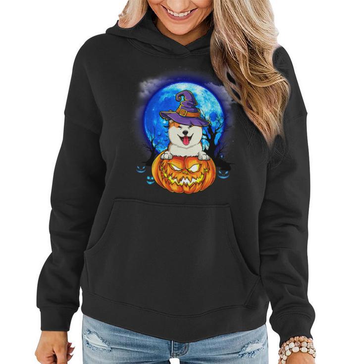 Dog Akita Witch Hat Pumpkin Scary Halloween Dog Lovers Women Hoodie