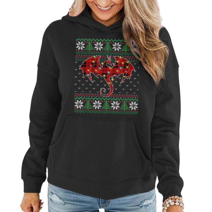 Dragon Red Plaid Ugly Sweater Christmas Lights Dragon Lover Women Hoodie