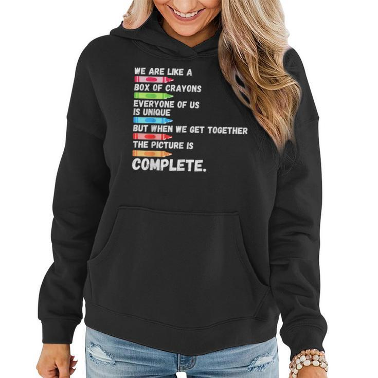 First Day Back To School We Are Like Box Of Crayons Teacher Women Hoodie