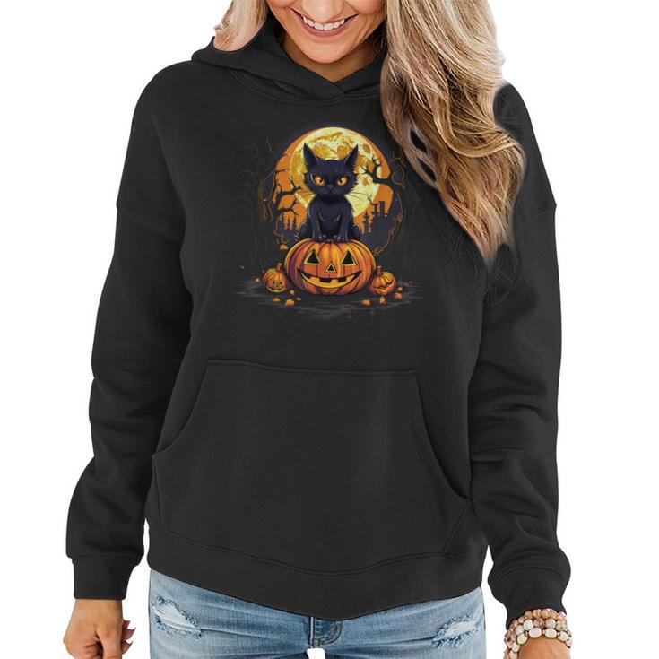 Full Moon Halloween Scary Black Cat Costume Pumpkins Women Hoodie