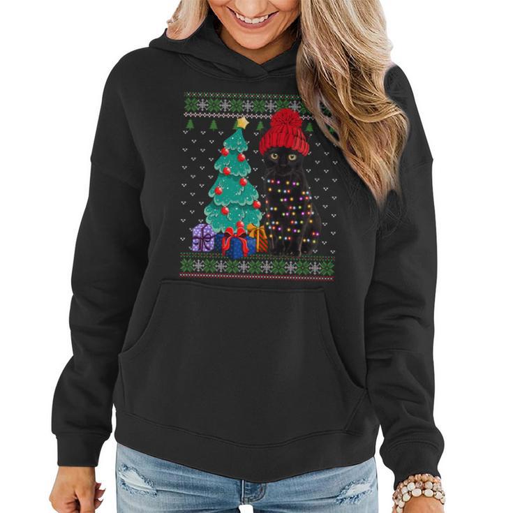 Cat Lovers Black Cat Santa Hat Ugly Christmas Sweater Women Hoodie