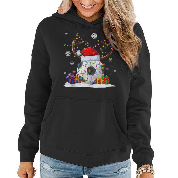 Soccer Lover Reindeer Santa Hat Ugly Christmas Sweater Women Hoodie