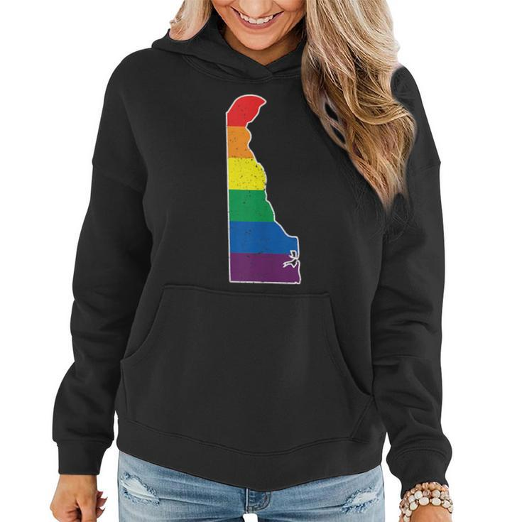 Gay Pride Flag - Delaware State Map - Rainbow Stripes  Women Hoodie