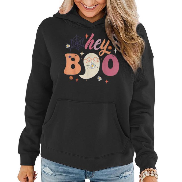 Groovy Hey Boo Cute Ghost Halloween Spooky Season Women Hoodie