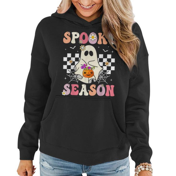 Groovy Spooky Season Retro Ghost Holding Pumpkin Halloween Women Hoodie