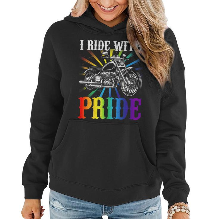 I Ride With Pride Gay Biker Rainbow Motorcycle Lover Queer   Women Hoodie