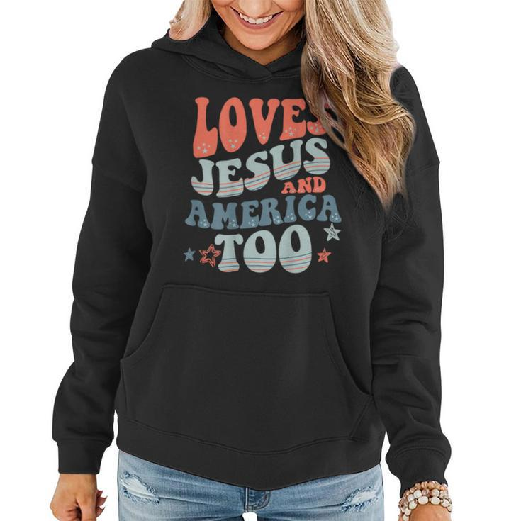Loves Jesus And America Too Christian American  On Back  Women Hoodie
