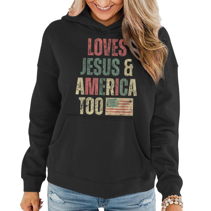 Loves Jesus And American Too Retro Patriotic  Patriotic Funny Gifts Women Hoodie