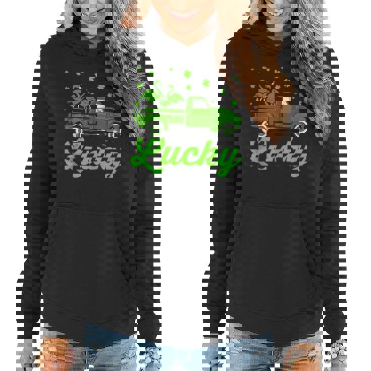 Lucky Flamingo Riding Green Truck Flamingo St Patricks Day  Women Hoodie