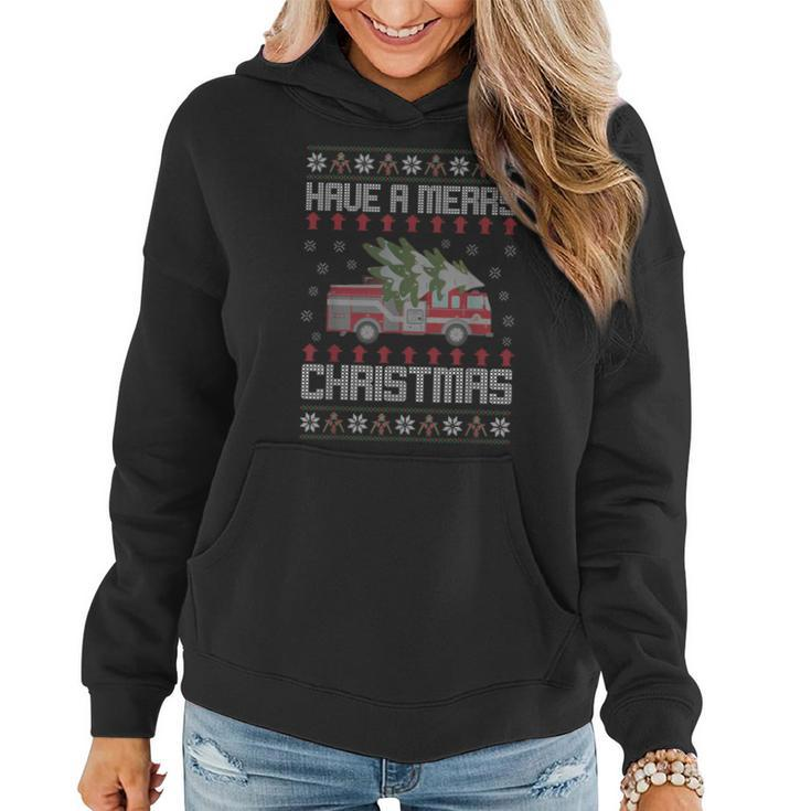 Merry Xmas Ugly Christmas Sweater Fireman Firefighter Women Hoodie