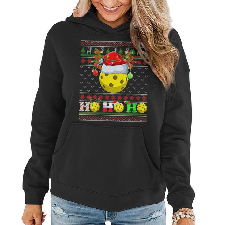 Pickleball Ball Xmas Tree Lights Ugly Christmas Sweater Women Hoodie