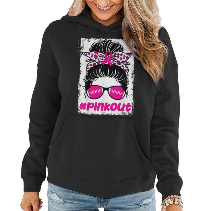 Pink Out Ou Breast Cancer Football Messy Bun Cheer Bleached Women Hoodie