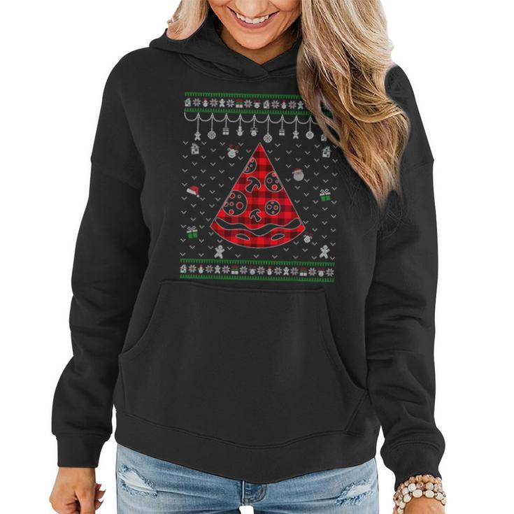 Red Plaid Pizza Lover Ugly Christmas Sweater Women Hoodie