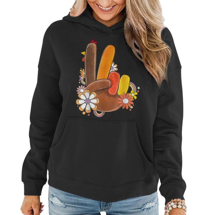 Retro Groovy Peace Turkey Grateful Hand Sign Thanksgiving Women Hoodie