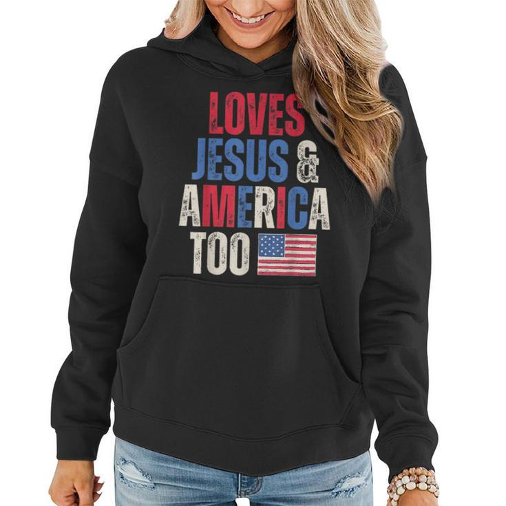 Retro Loves Jesus And America Too Christian American Flag  Women Hoodie