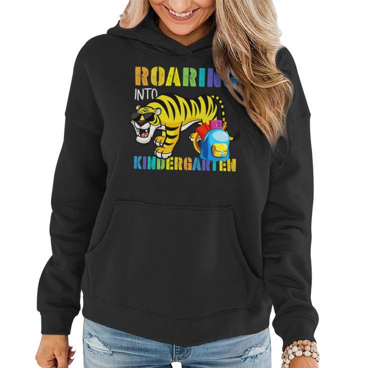 Roaring Into Kindergarten Tiger Back To School From Teacher Women Hoodie