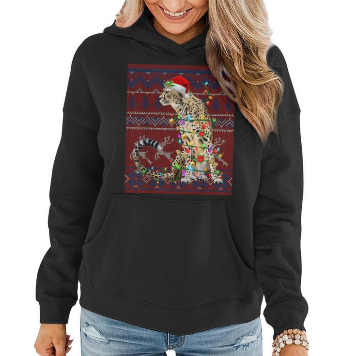 Santa Cheetah Christmas Tree Lights Ugly Sweater Pajama Women Hoodie