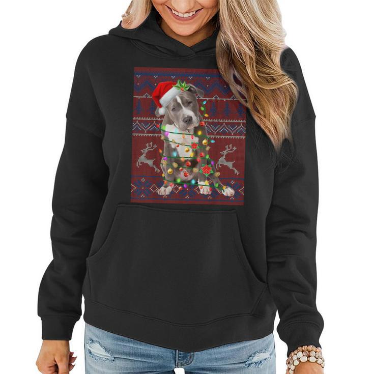 Santa Pitbull Christmas Tree Lights Ugly Sweater Pajama Women Hoodie