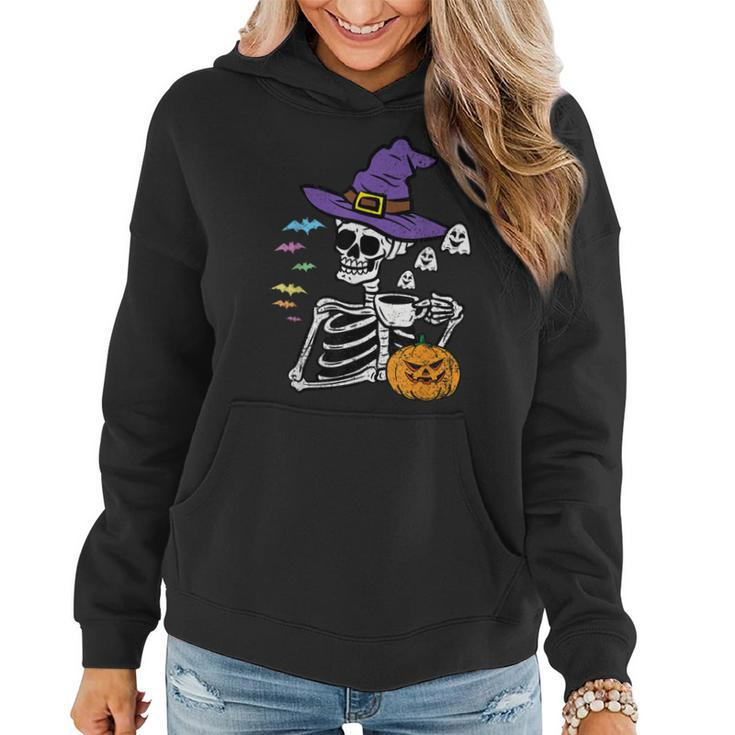 Skeleton Drinking Coffee Halloween Costume Pumpkin Ghost Women Hoodie