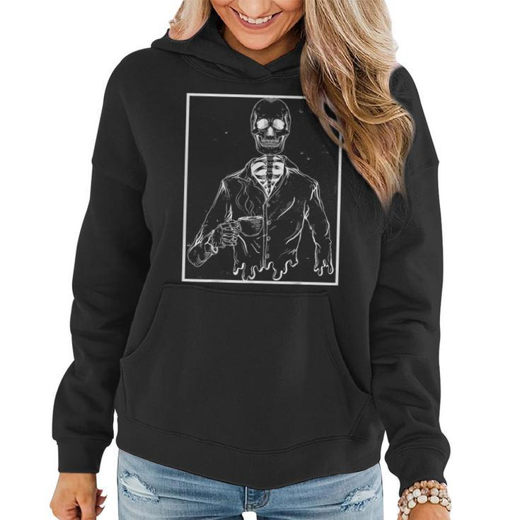 Skeleton Vintage Picture With Smiling Skull Drinking Coffee Women Hoodie