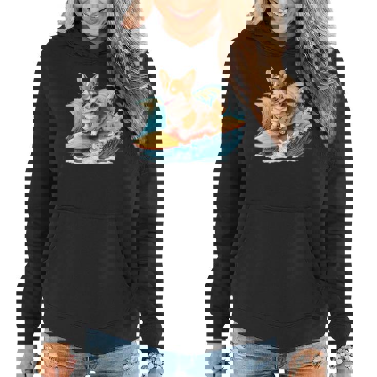 Surfing Corgi On A Surfboard On A Wave Surf Beach Women Hoodie