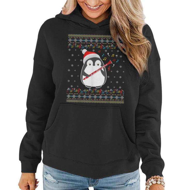 Ugly Christmas Ugly Xmas Sweater Penguin Clarinet Player Women Hoodie