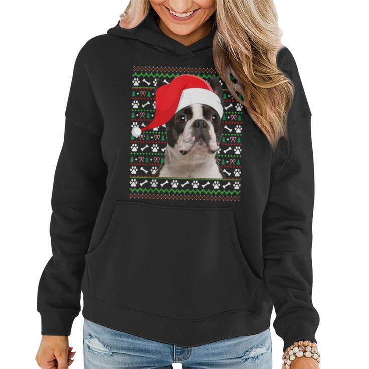 Ugly Xmas Sweater Santa Boston Terrier Dog Christmas Women Hoodie