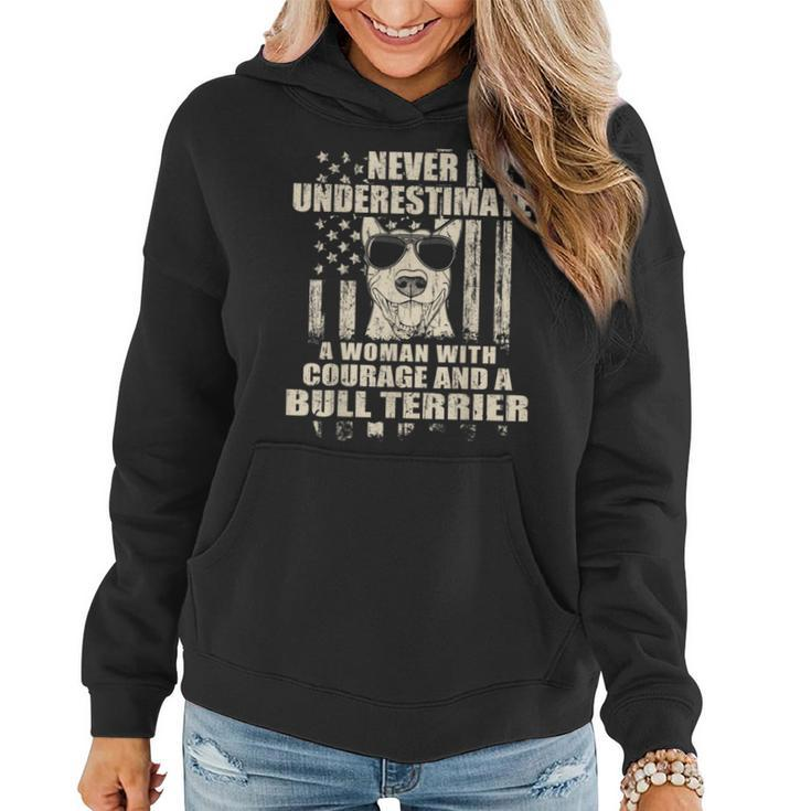 Never Underestimate Woman And A Bull Terrier Usa Flag Women Hoodie