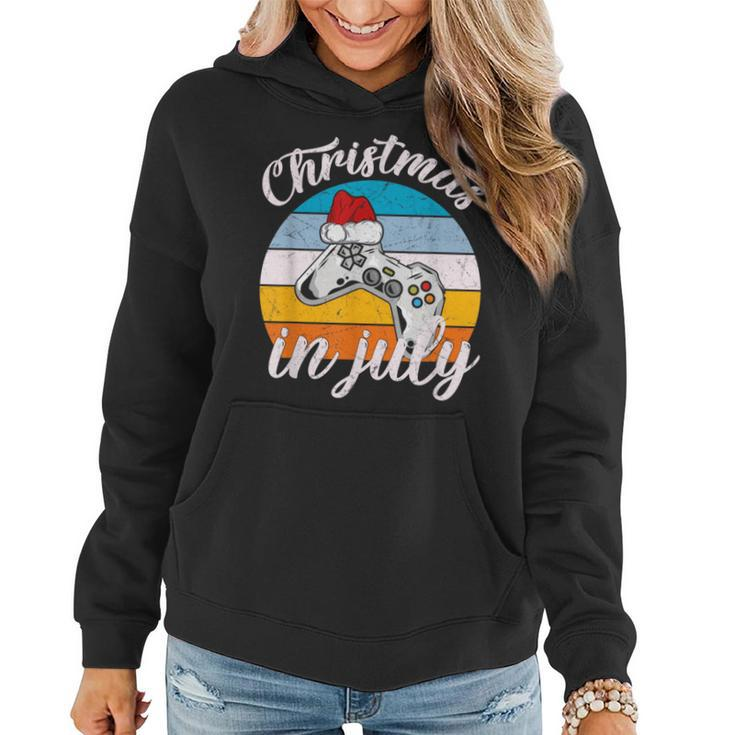 Vintage Christmas In July With A Santa Hat Controller Gaming Women Hoodie