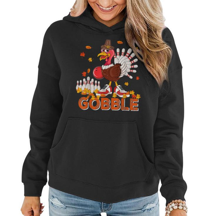 Vintage Gobble Thanksgiving Turkey Playing Bowling Player Women Hoodie