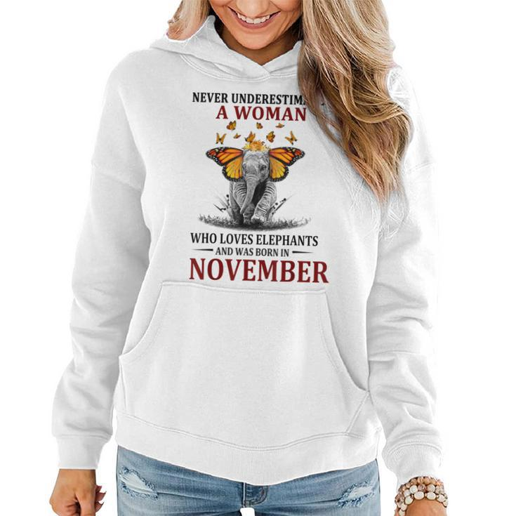 Never Underestimate A Woman Who Loves Elephants November Women Hoodie