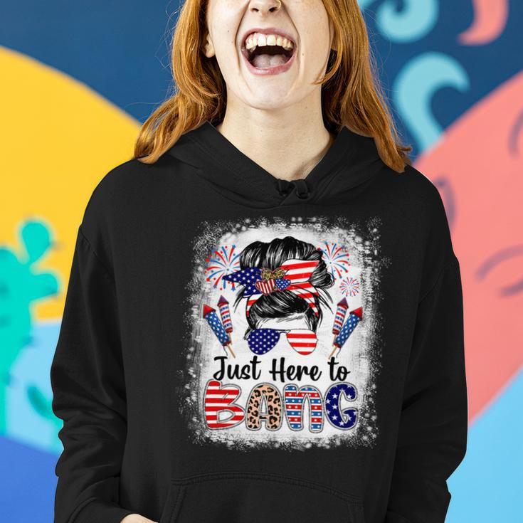 Funny 4Th Of July Just Here To Bang Messy Bun American Flag Women Hoodie Gifts for Her