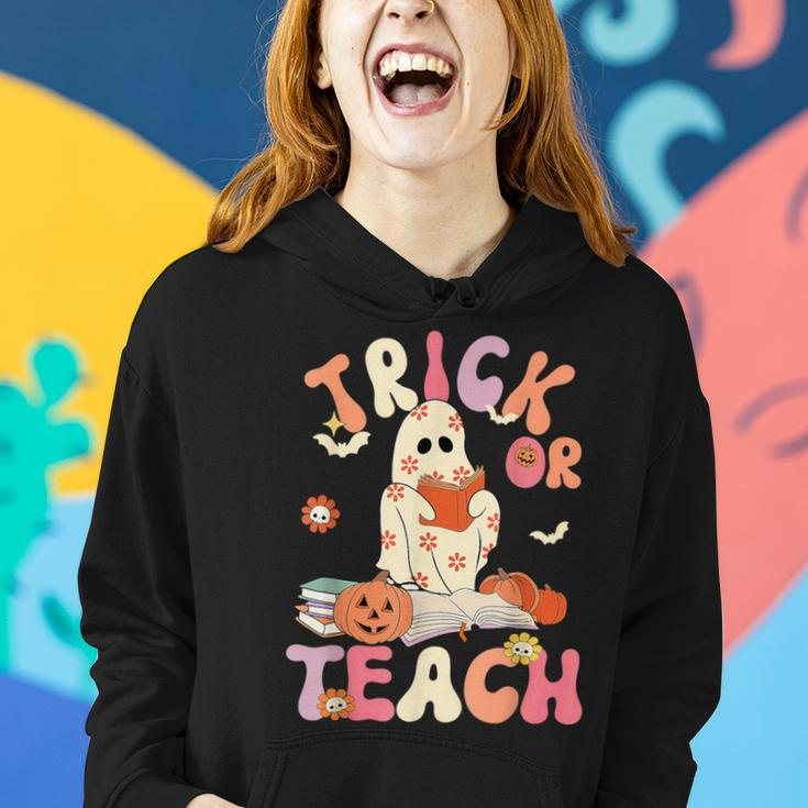 Groovy Halloween Trick Or Teach Retro Floral Ghost Teacher Women Hoodie Gifts for Her