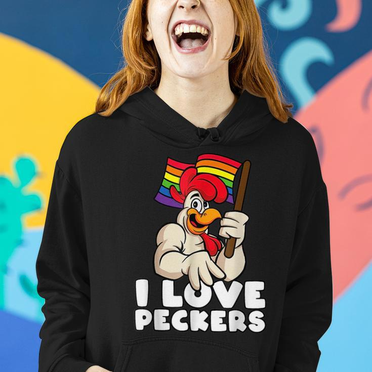 Lgbt Rainbow Flag Rooster Pun I Love Peckers Gay Chicken Dad Women Hoodie Gifts for Her